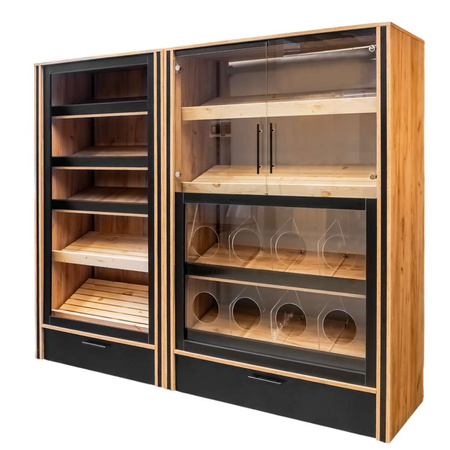 Regał na pieczywo dzielony przeszklony Mega-M H-204cm L-136cm G-62cm dąb kraft/czarny