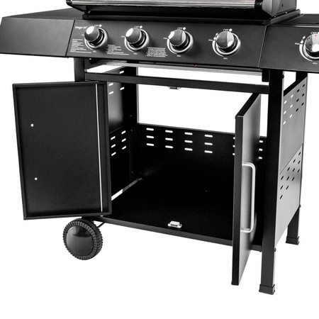 Grill ogrodowy gazowy Mega-M 4+1 ze stolikiem bocznym czarny reduktor + wąż gazowy