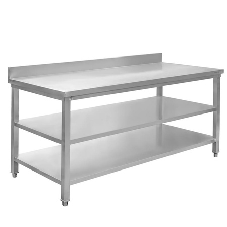 Stół ze stali nierdzewnej przyścienny z 2-ma półkami Mega-M S-180 cm G-60 cm H-85 cm N