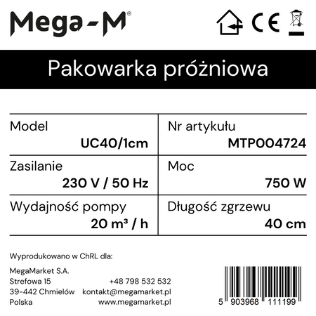 Pakowarka próżniowa 1-komorowa Mega-M 40/1cm 750 W zgrzewarka próżniowa