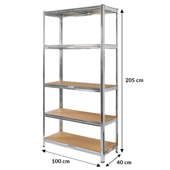 Regał magazynowy Mega-M BASIC H-205 cm L-100 cm G-40 cm 5 półek z MDF 4 mm 175 kg ocynk