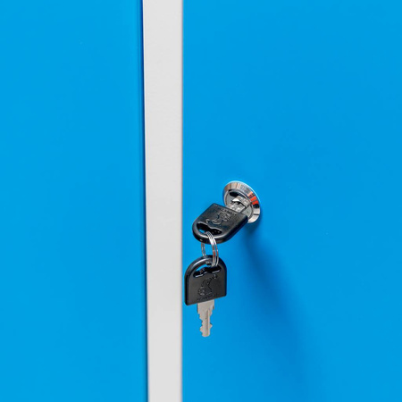 Szafka BHP ubraniowa na podstawie z nóżkami Mega-M pracownicza 2-drzwiowa z przegrodami S-80 cm szara/niebieski front