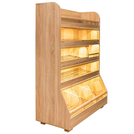 Regał na pieczywo H-180 cm L-125 cm G-60 cm plexi oświetlenie LED dąb amerykański
