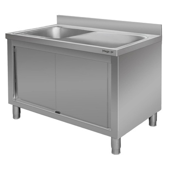 Stół ze stali nierdzewnej przyścienny ze zlewem po lewej stronie i z szafką Mega-M S-140 cm G-60 cm H-85 cm N
