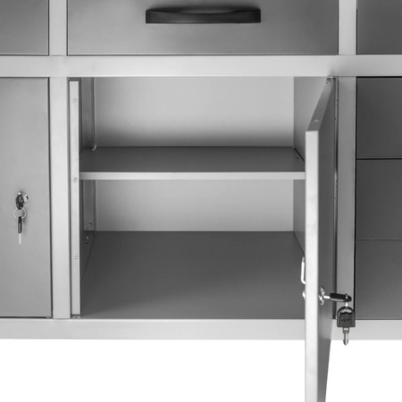 Stół warsztatowy z 6 szufladami 2 szafkami zamykanymi Mega-M HANDYMAN S-160 cm G-60 cm H-85 cm grafit