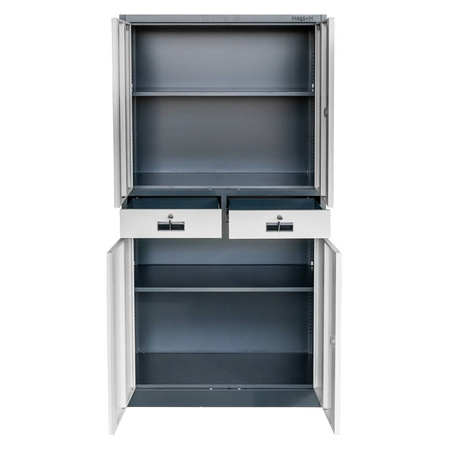 Szafa biurowa metalowa na dokumenty Mega-M WENUS drzwi pełne 2 szuflady S- 90 cm G- 40 cm H-185 cm grafitowa szary front