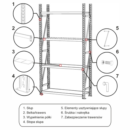Regał metalowy magazynowy 4-półkowy Mega-M FORTIS H-200 cm L-217 cm G-50 cm moduł bazowy