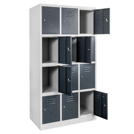 Szafka skrytkowa BHP Mega-M J-90/12 12 drzwiowa szara/ grafitowy front S-90 cm G-50 cm H-180 cm skręcana N