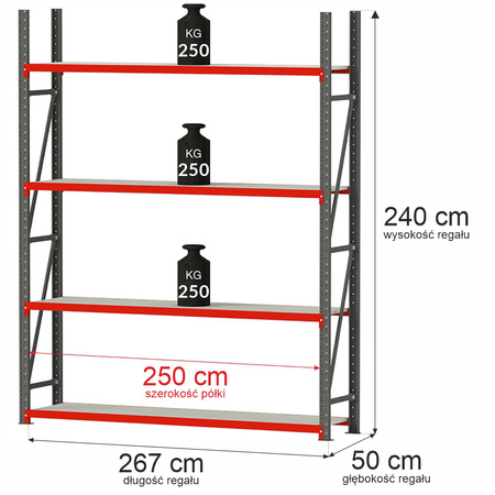 Regał metalowy magazynowy 4-półkowy Mega-M FORTIS H-240 cm L-267 cm G-50 cm moduł bazowy