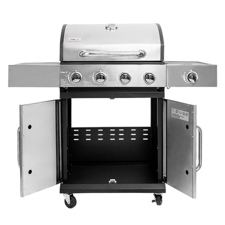 Grill ogrodowy gazowy Mega-M 4+1 ze stolikiem bocznym z pokrywą i drzwiczkami ze stali nierdzewnej reduktor + wąż gazowy