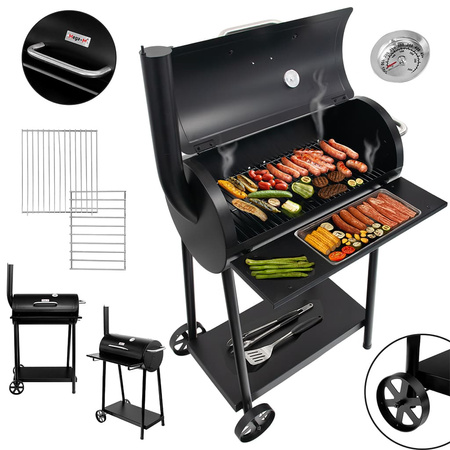 Grill ogrodowy węglowy beczka z pokrywą i kominem Mega-M stolik boczny 53x29 cm