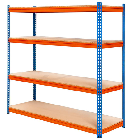 Regał magazynowy Mega-M Pro Max H-180 cm L-150 cm G-45 cm 4 półki z płyty wiórowej 15 mm (500kg) niebieski/pomarańczowy 2 kartony N