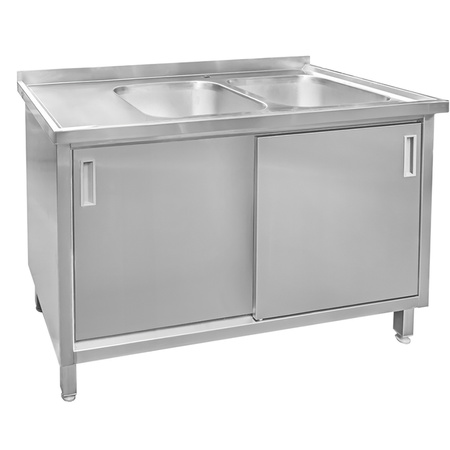 Zlew ze stali nierdzewnej 2-komorowy przyścienny spawany z szafką Mega-M S-140 cm G-60 cm H-85 cm N