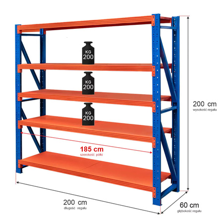 Regał magazynowy 5-półkowy Mega-M FORTIS LIGHT H-200 cm L-200 cm G-60 cm moduł bazowy N