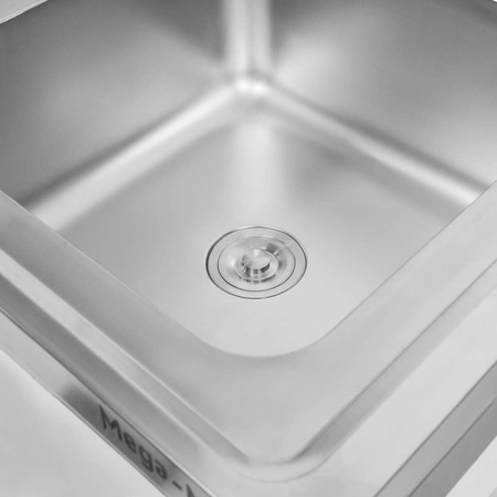 Zlew gastronomiczny jednokomorowy z maskownicą, półką i syfonem z rurą odpływową Mega-M 70x70x85 cm stal nierdzewna