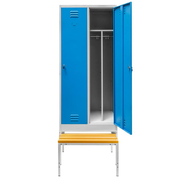 Szafka BHP ubraniowa na podstawie z wysuwaną ławeczką Mega-M pracownicza 2-drzwiowa z przegrodami S-80 cm szara/niebieski front