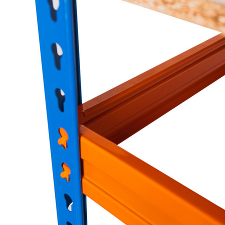 Regał magazynowy Mega-M Pro Max H-180 cm L-120 cm G-45 cm 4 półki z płyty wiórowej 15 mm (500kg) niebieski/pomarańczowy 2 kartony N