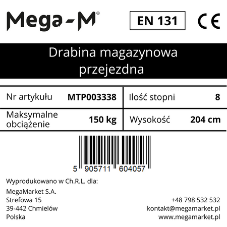 Drabina magazynowa przejezdna pomost magazynowy Mega-M H 204 cm 8 stopni hamulec schodkowy