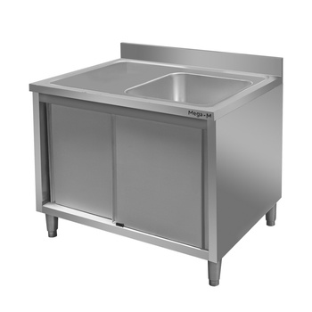 Zlew gastronomiczny spawany z komorą po prawej stronie i szafką Mega-M 120x70x85cm stal nierdzewna