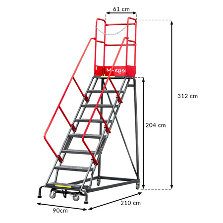 Drabina magazynowa przejezdna pomost magazynowy Mega-M H 204 cm 8 stopni hamulec schodkowy