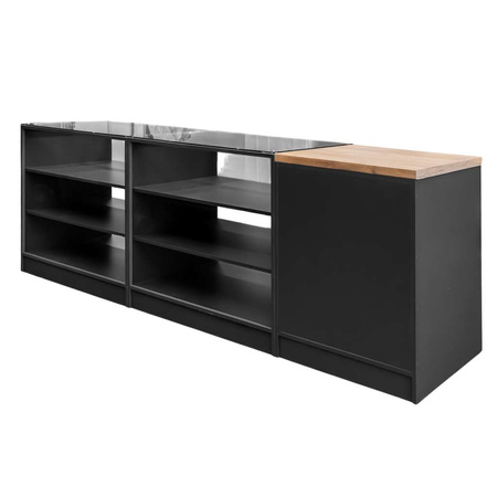 Lada sklepowa sprzedażowa impulsowa z przeszkloną górą i frontem Mega-M H-90 cm L-270 cm G-60 cm antracyt/blat dąb kraft