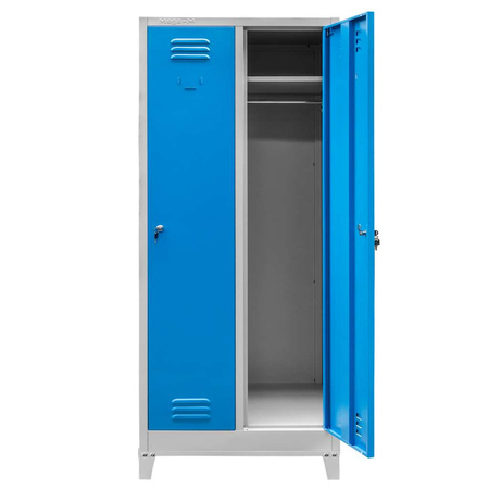 Szafka ubraniowa BHP Mega-M J-80 na podstawie z nóżkami 2 drzwiowa szara/ niebieski front S-80 cm G-50 cm H-190 cm skręcana N