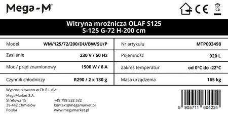 Witryna mroźnicza Mega-M OLAF S125 S-125 cm G-72 cm H-200 cm N