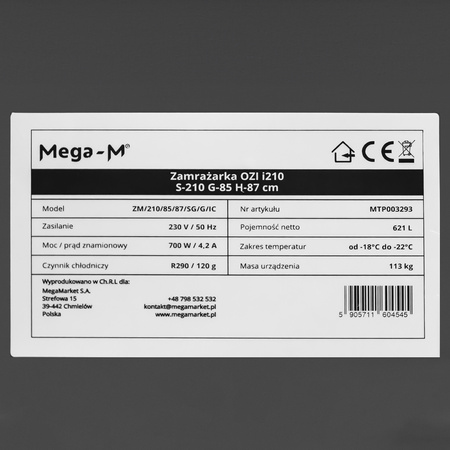 Zamrażarka Mega-M OZI i210 Automatyczne rozmrażanie S-210 cm G-85 cm H-87 cm N