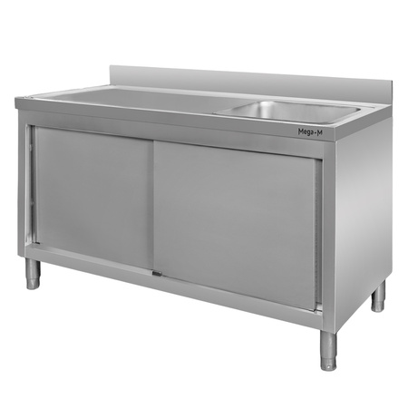 Stół ze stali nierdzewnej przyścienny ze zlewem po prawej stronie i z szafką Mega-M S-140 cm G-70 cm H-85 cm N