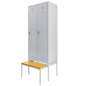 Szafka ubraniowa BHP Mega-M J-80 na podstawie z wysuwaną ławeczką 2 drzwiowa szara S-80 cm G-80 cm H-223 cm skręcana N