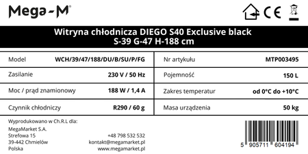 Witryna chłodnicza 1-drzwiowa 150L Mega-M DIEGO S40 Exclusive black oświetlenie LED