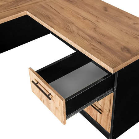 Biurko narożne przyścienne z szafką i szufladami Mega-M L-160cm G-60cm H-76cm dąb kraft/czarny