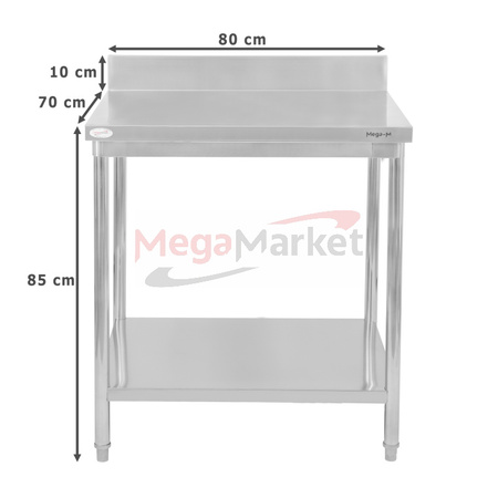 Stół gastronomiczny ze stali nierdzewnej przyścienny z półką i rantem Mega-M 80x70x85 cm