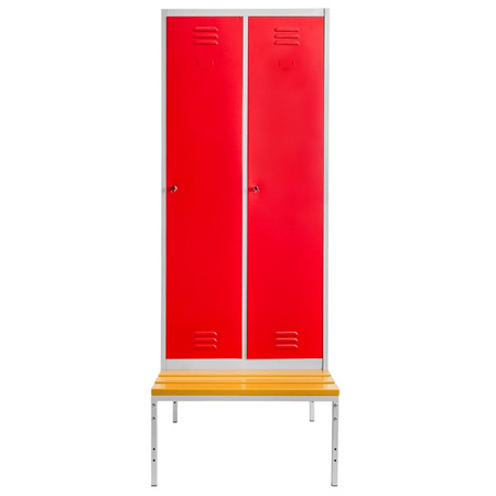 Szafka BHP ubraniowa na podstawie z ławeczką Mega-M pracownicza 2-drzwiowa z przegrodami S-80 cm szara/czerwony front