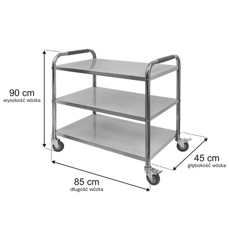 Wózek kelnerski ze stali nierdzewnej 3-półkowy Mega-M STANDARD S-85 cm G-45 cm H-90 cm N
