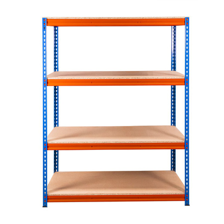 Regał magazynowy Mega-M Pro Max H-180 cm L-120 cm G-60 cm 4 półki z płyty wiórowej 15 mm (500kg) niebieski/pomarańczowy 2 kartony N