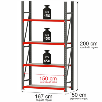 Regał metalowy magazynowy 4-półkowy Mega-M FORTIS H-200 cm L-167 cm G-50 cm moduł bazowy