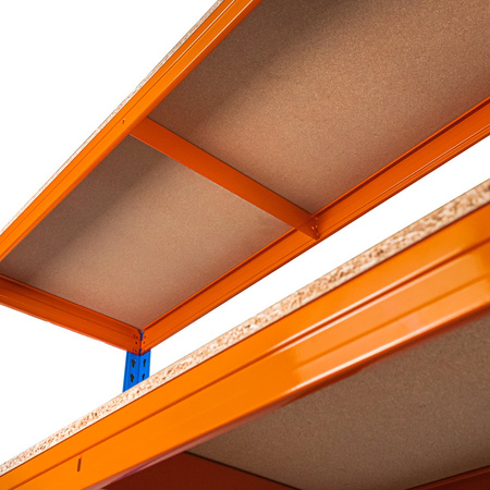 Regał magazynowy Mega-M Pro Max H-180 cm L-120 cm G-45 cm 4 półki z płyty wiórowej 15 mm (500kg) niebieski/pomarańczowy 2 kartony N