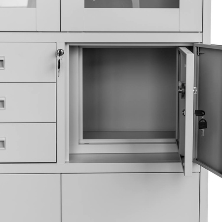 Szafa biurowa metalowa na akta Mega-M WENUS przeszklone drzwi sejf S- 90 cm G- 40 cm H-185 cm szara skręcana