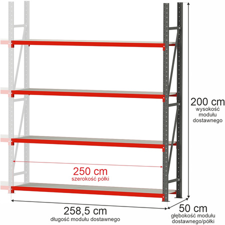 Regał metalowy magazynowy 4-półkowy Mega-M FORTIS H-200 cm L-258.5 cm G-50 cm moduł dostawny