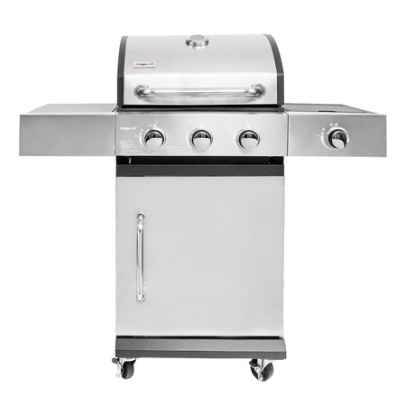 Grill ogrodowy gazowy Mega-M 3+1 ze stolikiem bocznym z pokrywą i drzwiczkami ze stali nierdzewnej reduktor + wąż gazowy