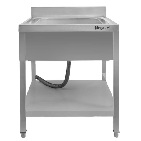 Zlew gastronomiczny jednokomorowy z maskownicą, półką i syfonem z rurą odpływową Mega-M 70x70x85 cm stal nierdzewna