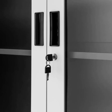 Szafa biurowa metalowa na akta Mega-M WENUS przeszklone drzwi sejf S- 90 cm G- 40 cm H-185 cm grafitowa szary front