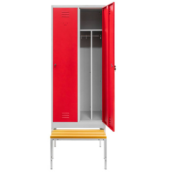 Szafka BHP ubraniowa na podstawie z wysuwaną ławeczką Mega-M pracownicza 2-drzwiowa z przegrodami S-80 cm szara/czerwony front