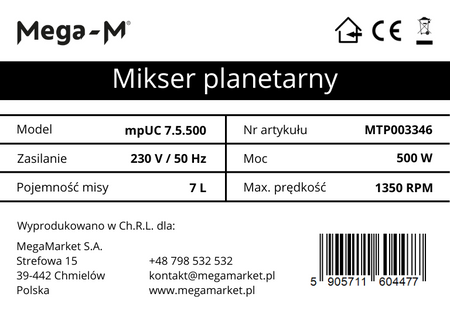 Mikser planetarny 7L Mega-M mpUC 7.5.500