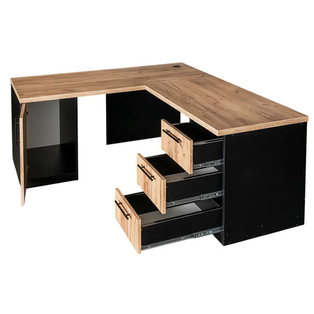 Biurko narożne przyścienne z szafką i szufladami Mega-M L-160cm G-60cm H-76cm dąb kraft/czarny
