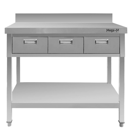 Stół gastronomiczny ze stali nierdzewnej przyścienny z półką i 3 szufladami Mega-M 100x60x85 cm