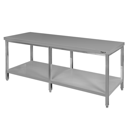 Stół gastronomiczny ze stali nierdzewnej centralny z półką i 6 nogami Mega-M 200x70x85 cm