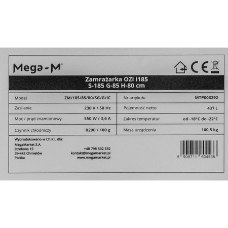 Zamrażarka Mega-M OZI i185 Automatyczne rozmrażanie S-185 cm G-85 cm H-80 cm N