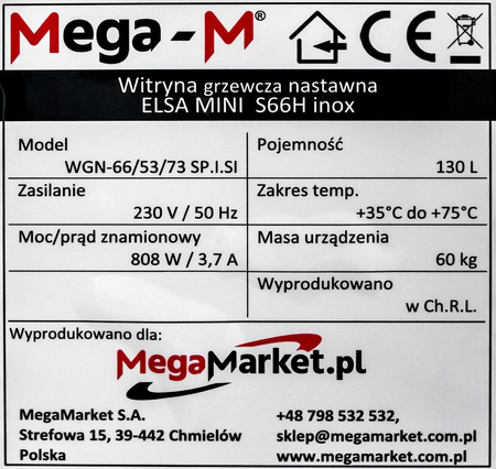 Witryna grzewcza nastawna Mega-M ELSA MINI  S66H S-66 cm G-53 cm H-69 cm inox N